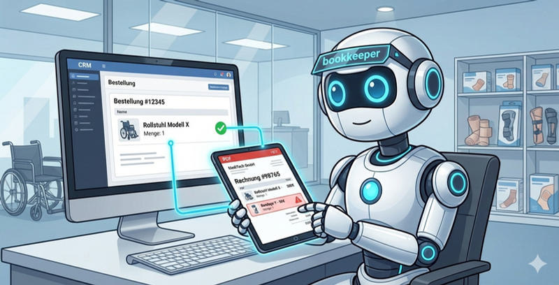 KI-Roboter am Schreibtisch vergleicht Rechnung und Warenwirtschafts-Eintrag — Symbol für automatischen Rechnungsabgleich