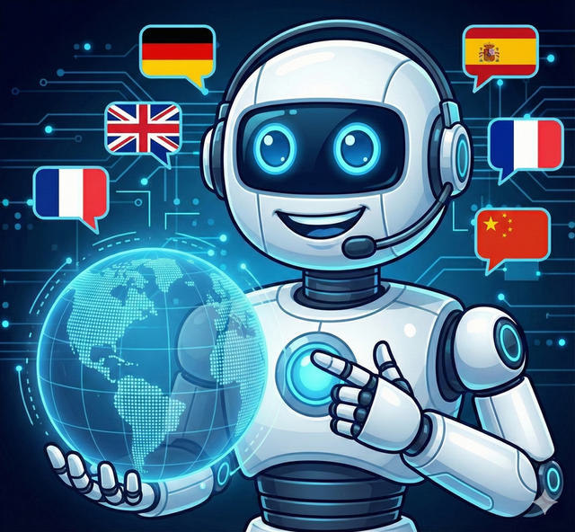 KI-Roboter mit Globus und Sprach-Icons (DE, EN, ES, FR, ZH) — Symbol für mehrsprachige E-Mail-Bearbeitung