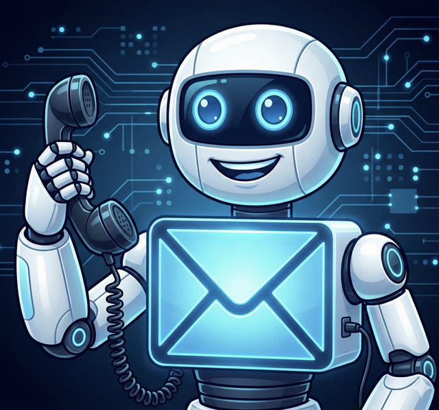 KI-Roboter mit Strom-Symbolen und E-Mail-Icons — Symbol für automatisierte Kundenanfragen-Bearbeitung im Energiesektor