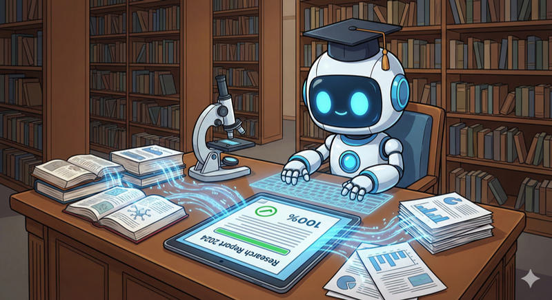 KI-Roboter mit Papers, Sterne und Diagrammen — Symbol für automatisierte Forschungsbericht-Erstellung in der Raumfahrt