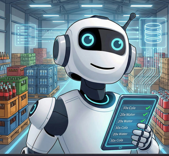 KI-Roboter mit Tablet im Getränkelager — Symbol für automatisierte Bestellungserfassung