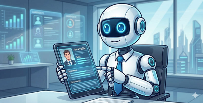 KI-Roboter mit Bewerbungsmappen und Profil-Icons — Symbol für automatisierte Kandidaten-Profilerstellung