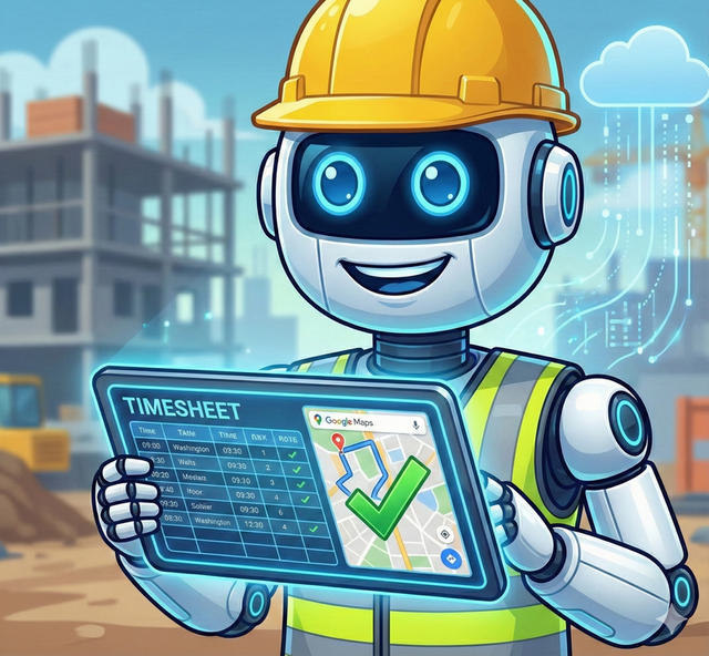 KI-Roboter auf einer Holzbau-Baustelle mit Zeit- und Karten-Symbolen — Symbol für Zeit- und Routenkontrolle