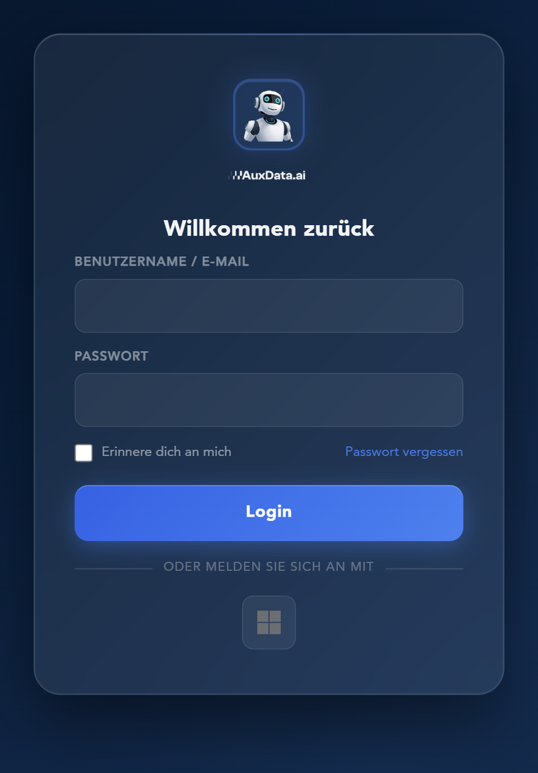 AuxData-Anmeldeseite: Felder für Benutzername/E-Mail und Passwort, Login-Button und Anmeldung mit Microsoft