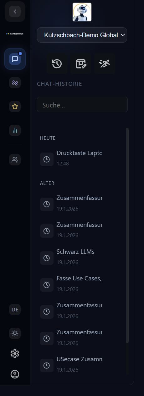 Linke Seitenleiste: Icon-Nav-Rail (Chatbot, AI-Services, Favoriten, Statistik, Benutzer), Org-Selektor, Chat-Historie und unten Sprache und Design