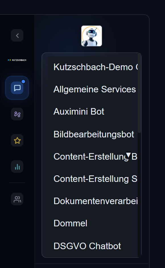 Geöffneter Agenten-Selektor mit der Liste der verfügbaren Agenten (org-weiter Bot, Allgemeine Services, Bildbearbeitungsbot, DSGVO Chatbot u. a.)