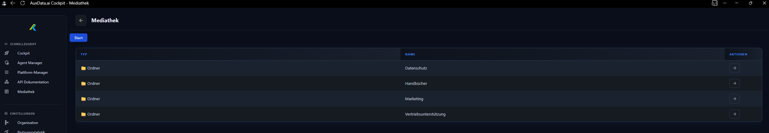 Mediathek-Seite: Tabelle mit den vier Ordnern Datenschutz, Handbücher, Marketing und Vertriebsunterstützung samt Öffnen-Aktion