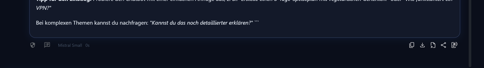 Aktionszeile unter einer Antwort: links Modellname und Dauer, rechts die Aktionen Kopieren, Herunterladen, Als Word, Teilen und Vorlesen