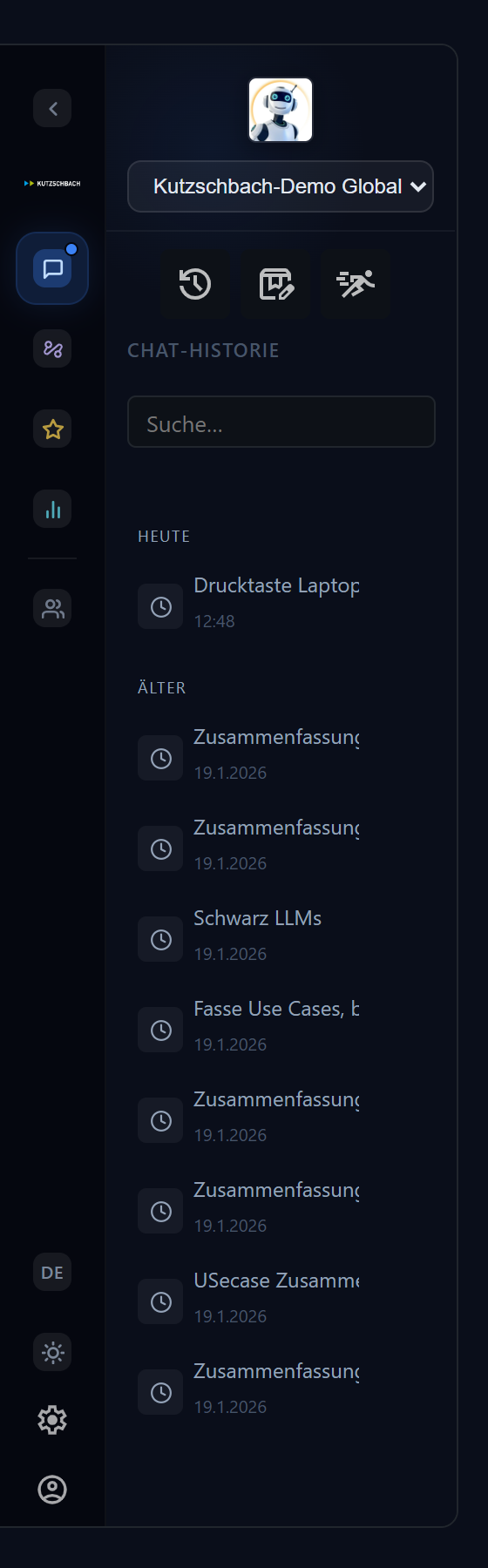 Linke Seitenleiste mit Suchfeld und nach Datum gruppierter Chat-Historie