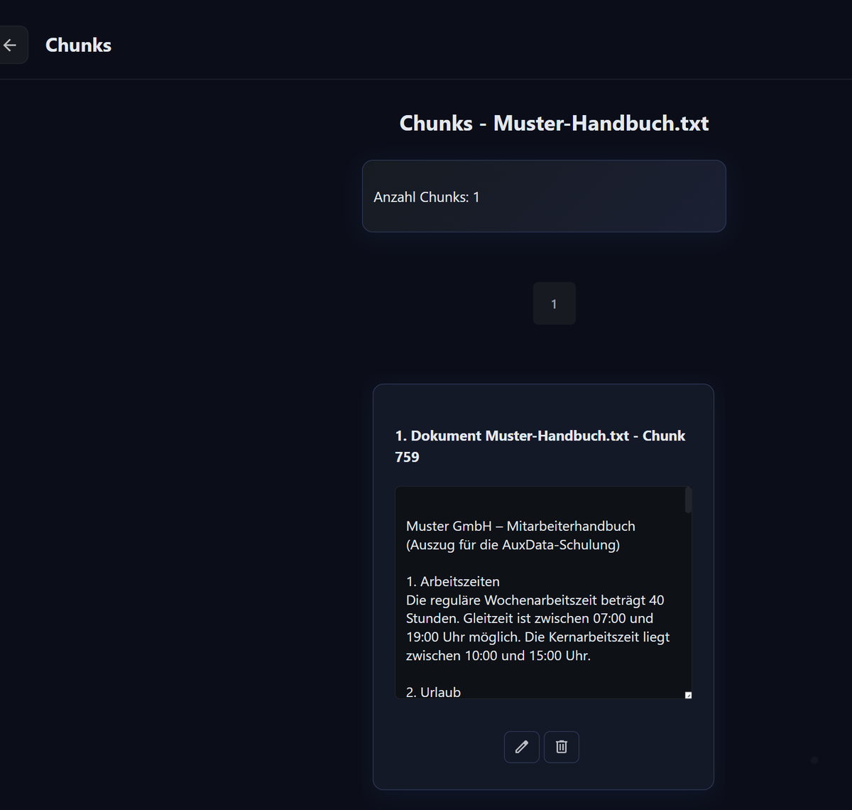 Chunk-Ansicht der persönlichen Wissensdatenbank: Dokument Muster-Handbuch.txt, Anzahl Chunks 1, Chunk-Inhalt mit Arbeitszeiten