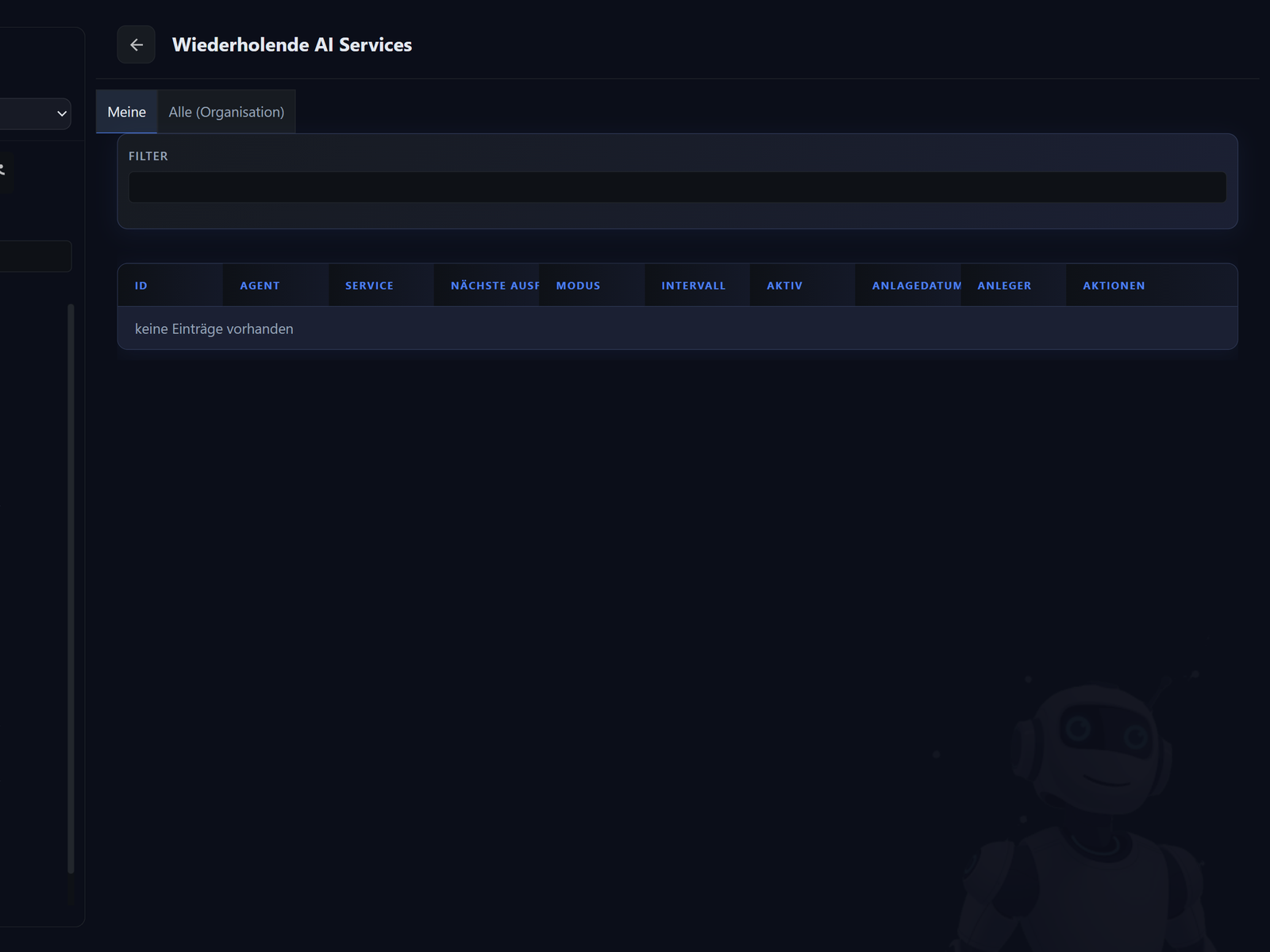 Übersicht wiederkehrender AI-Services als Tabelle mit Spalten Agent, Service, nächste Ausführung, Modus, Intervall, Aktiv-Status, Anlagedatum und Aktionen