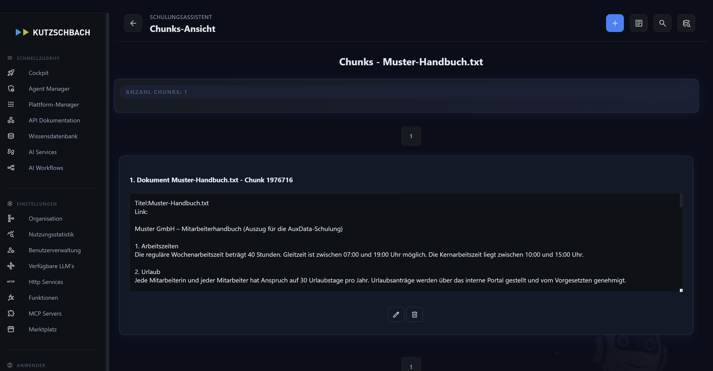 Chunk-Ansicht des Dokuments Muster-Handbuch.txt: Anzahl Chunks 1, Chunk-Inhalt mit Arbeitszeiten und Urlaub