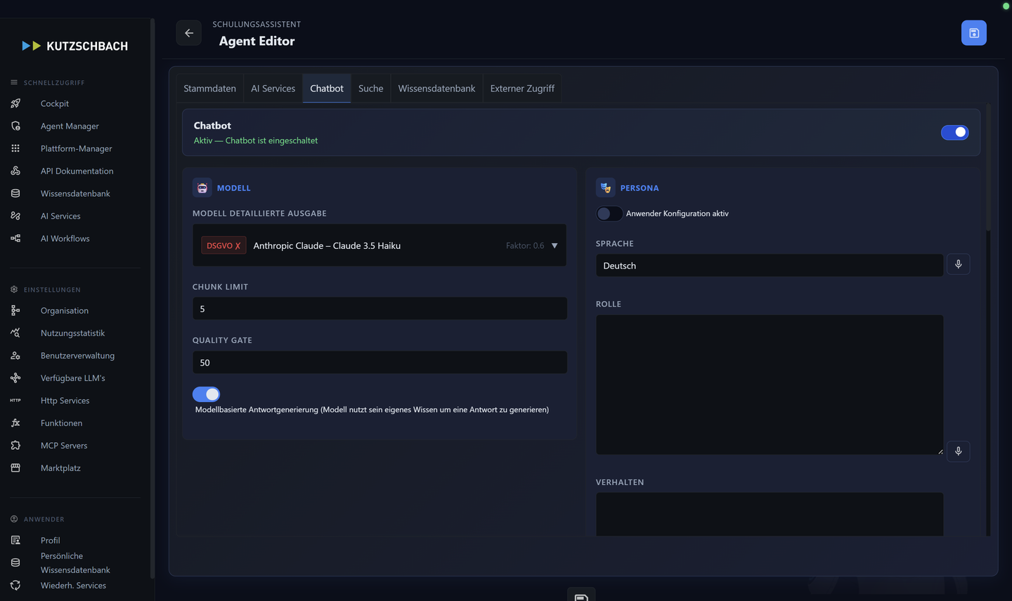 Echter Agent-Editor, Reiter Chatbot: Modell-Karte (Claude Haiku 4.5, Chunk-Limit, Quality Gate) und Persona-Karte (Sprache, Rolle, Verhalten)