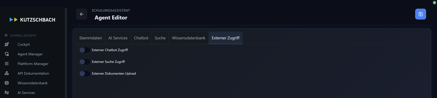 Echter Agent-Editor, Reiter Externer Zugriff: Schalter für Externer Chatbot-Zugriff, Externer Suche-Zugriff und Externer Dokumenten-Upload (alle aus)