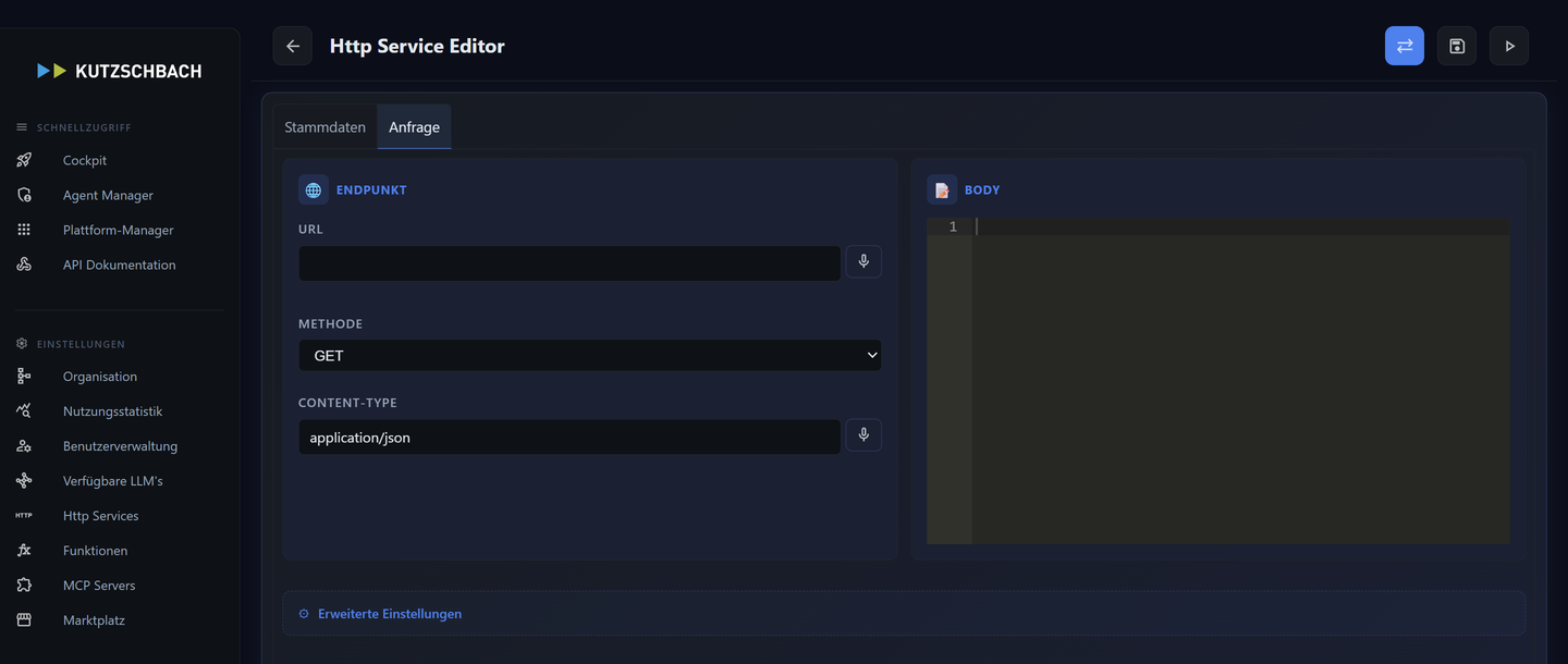 Echter HTTP-Service-Editor (Demo-Instanz), Reiter Anfrage: Endpunkt mit URL, Methode GET, Content-Type und Body-Editor