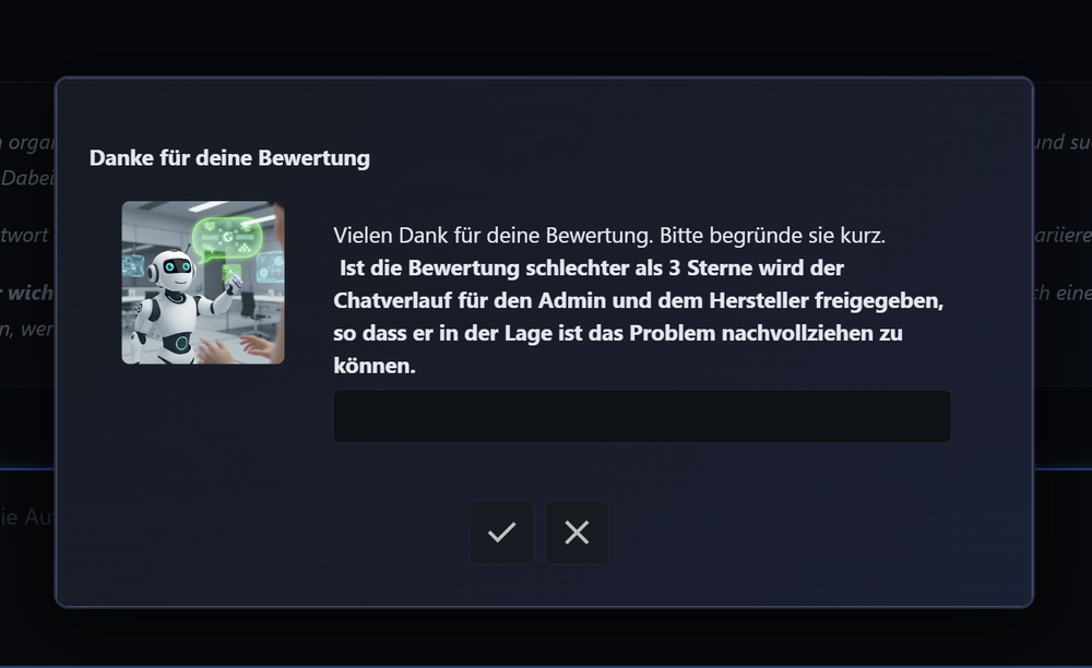 Echter Endbenutzer-Bewertungsdialog (Demo-Instanz): „Danke für deine Bewertung – bitte begründe sie kurz