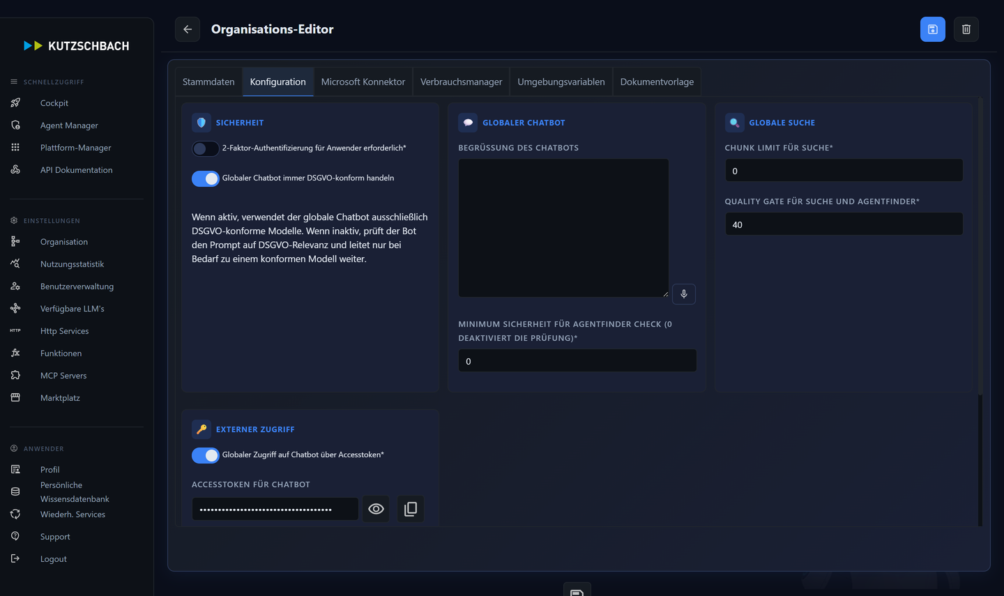 Echter Organisations-Editor, Reiter Konfiguration: Sicherheit (2FA, DSGVO-konform), globaler Chatbot, globale Suche und externer Zugriff mit Accesstoken