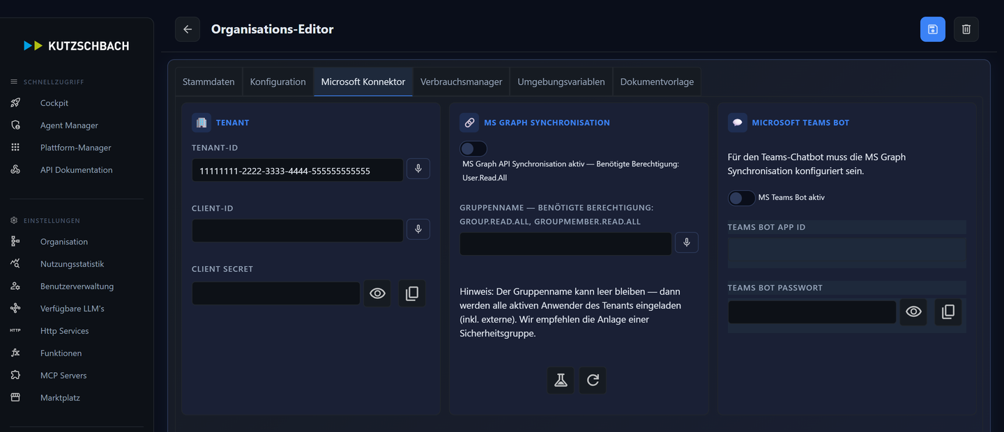 Echter Organisations-Editor, Reiter Microsoft Konnektor: Tenant-ID (Demo-Wert), MS-Graph-Synchronisation und Microsoft-Teams-Bot mit App-ID/Passwort