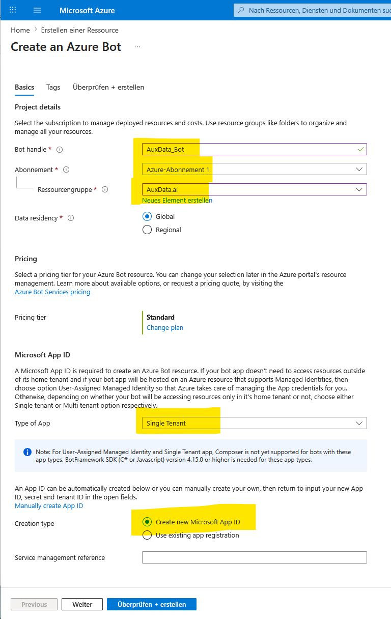 Azure-Bot-Ressource anlegen (offizielle Abbildung aus dem Teams-Integrationshandbuch, Demo-Daten)
