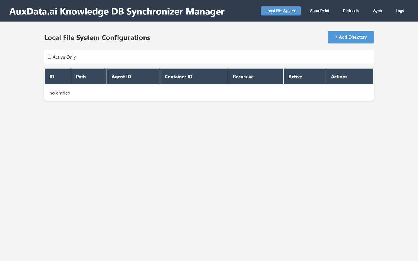 Echte Filesync-Oberfläche „AuxData.ai Knowledge DB Synchronizer Manager