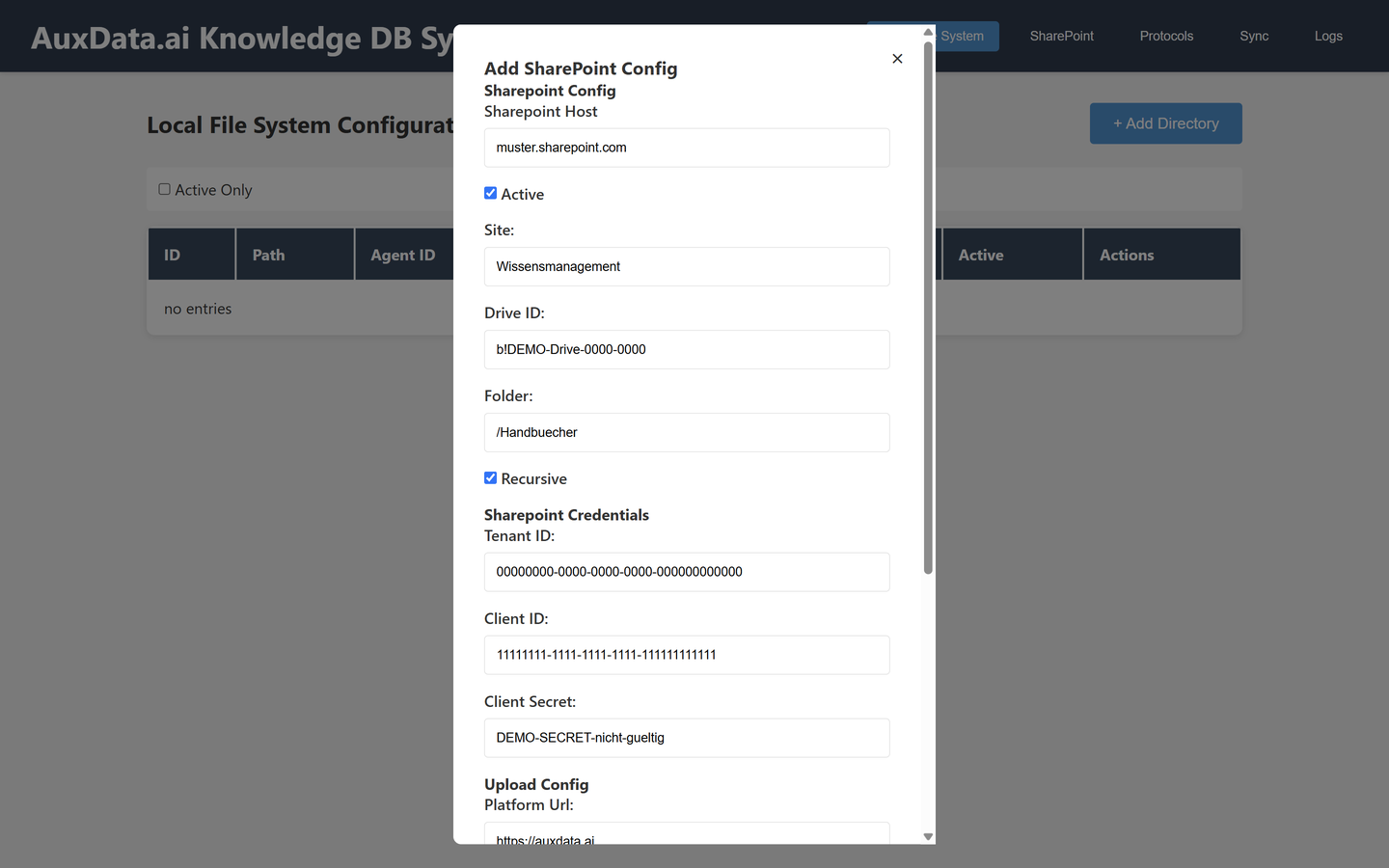 Echter „Add Config“-Dialog für SharePoint (Sharepoint Config) mit Demo-Werten: Host, Site, Tenant-ID und Client-ID als Platzhalter-UUID, Client Secret als Demo-Wert