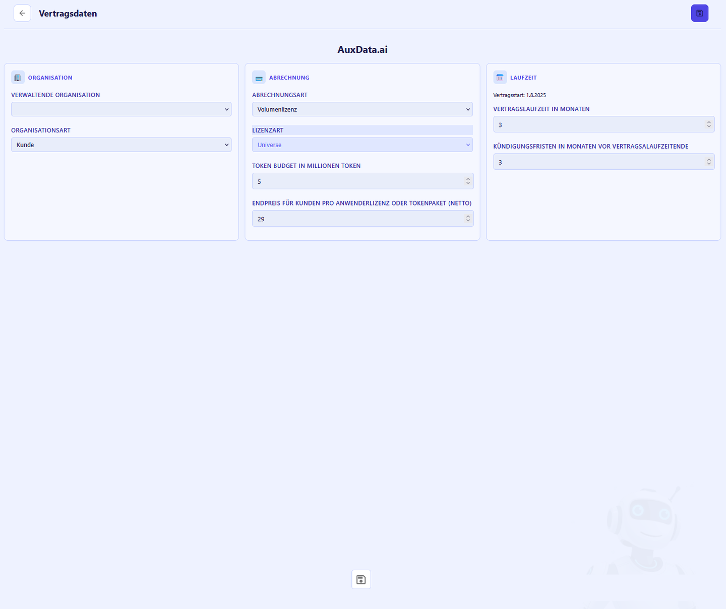 Vertragsdaten-Editor (offizielle Demo-Abbildung aus dem Partnerhandbuch) mit Karten Organisation, Abrechnung, Laufzeit