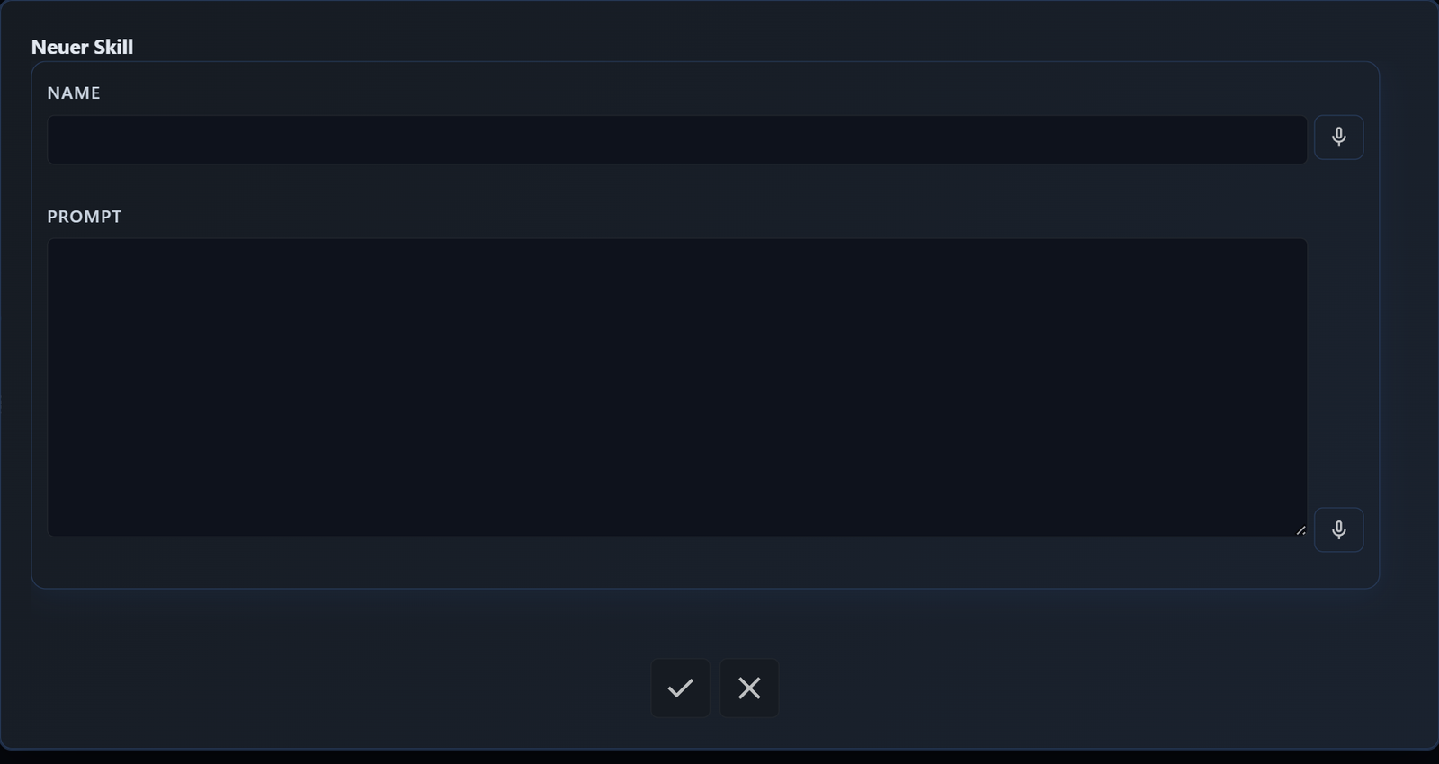 AuxData-Dialog Neuer Skill mit den Eingabefeldern Name und Prompt sowie den Schaltflächen Speichern und Abbrechen