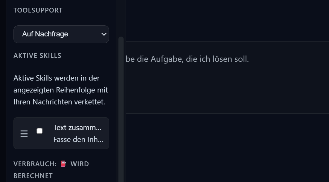 AuxData-Projektansicht mit dem Bereich Aktive Skills, einem aktivierbaren Skill und dem Griff zum Ändern der Reihenfolge