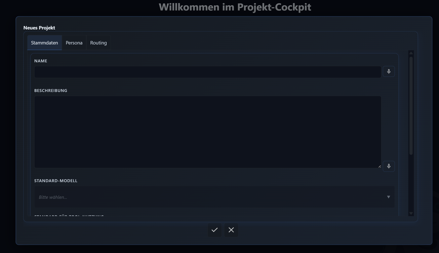 Dialog Neues Projekt mit den Reitern Stammdaten, Persona und Routing sowie Feldern für Name, Beschreibung und Standard-Modell