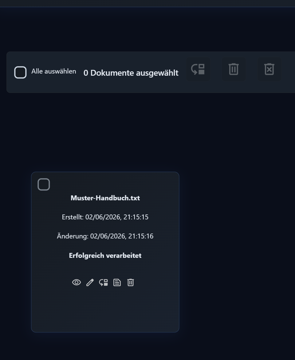 Dokumentkarte Muster-Handbuch.txt mit dem Status Erfolgreich verarbeitet und den verfügbaren Dokumentaktionen