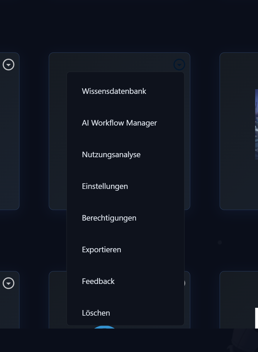 Geöffnetes Agenten-Menü mit Wissensdatenbank, AI Workflow Manager, Nutzungsanalyse, Einstellungen, Berechtigungen, Exportieren, Feedback und Löschen