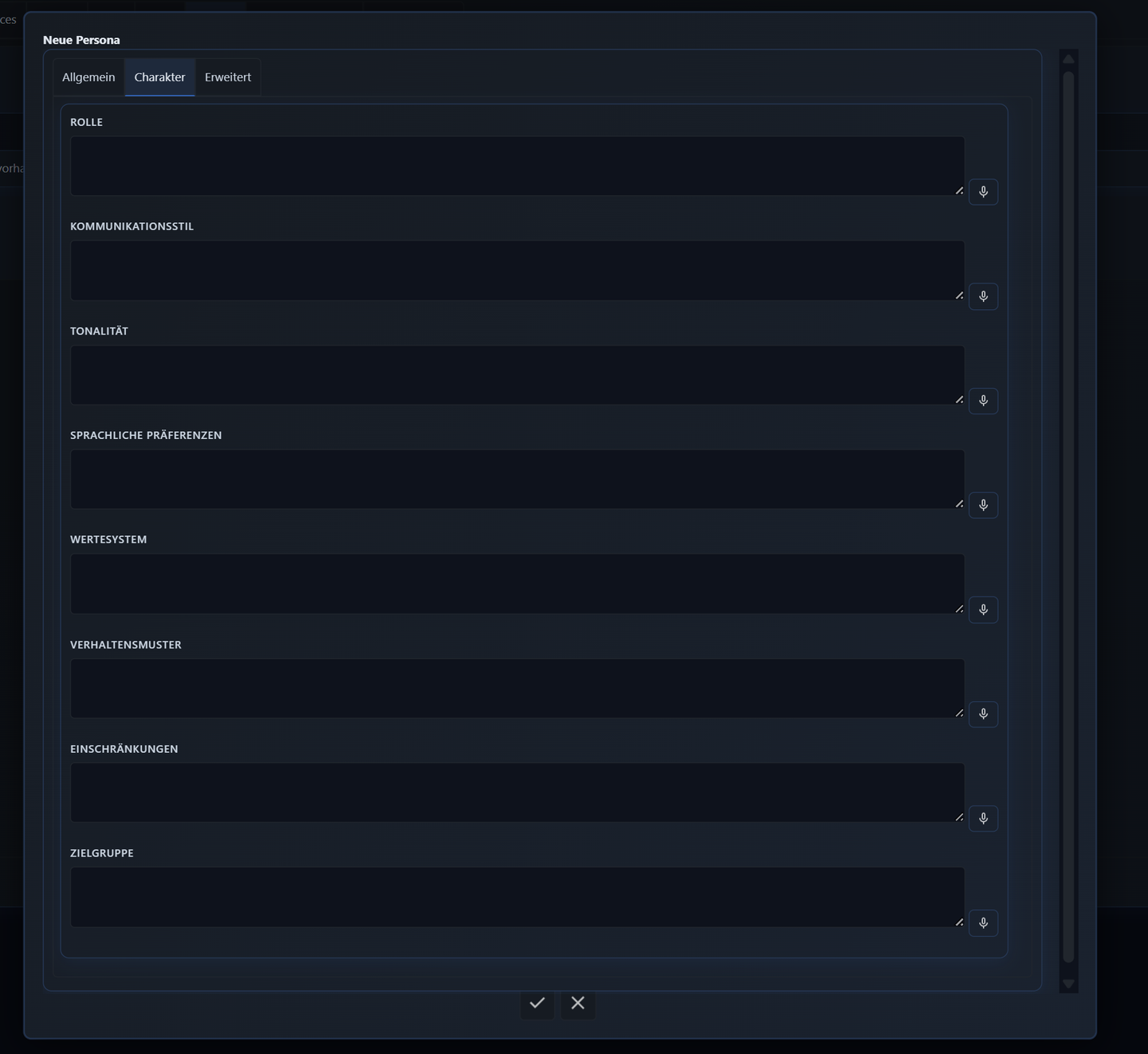 Persona-Editor in AuxData, Reiter Charakter mit den Feldern Rolle, Kommunikationsstil, Tonalität, Sprachliche Präferenzen, Wertesystem, Verhaltensmuster, Einschränkungen und Zielgruppe