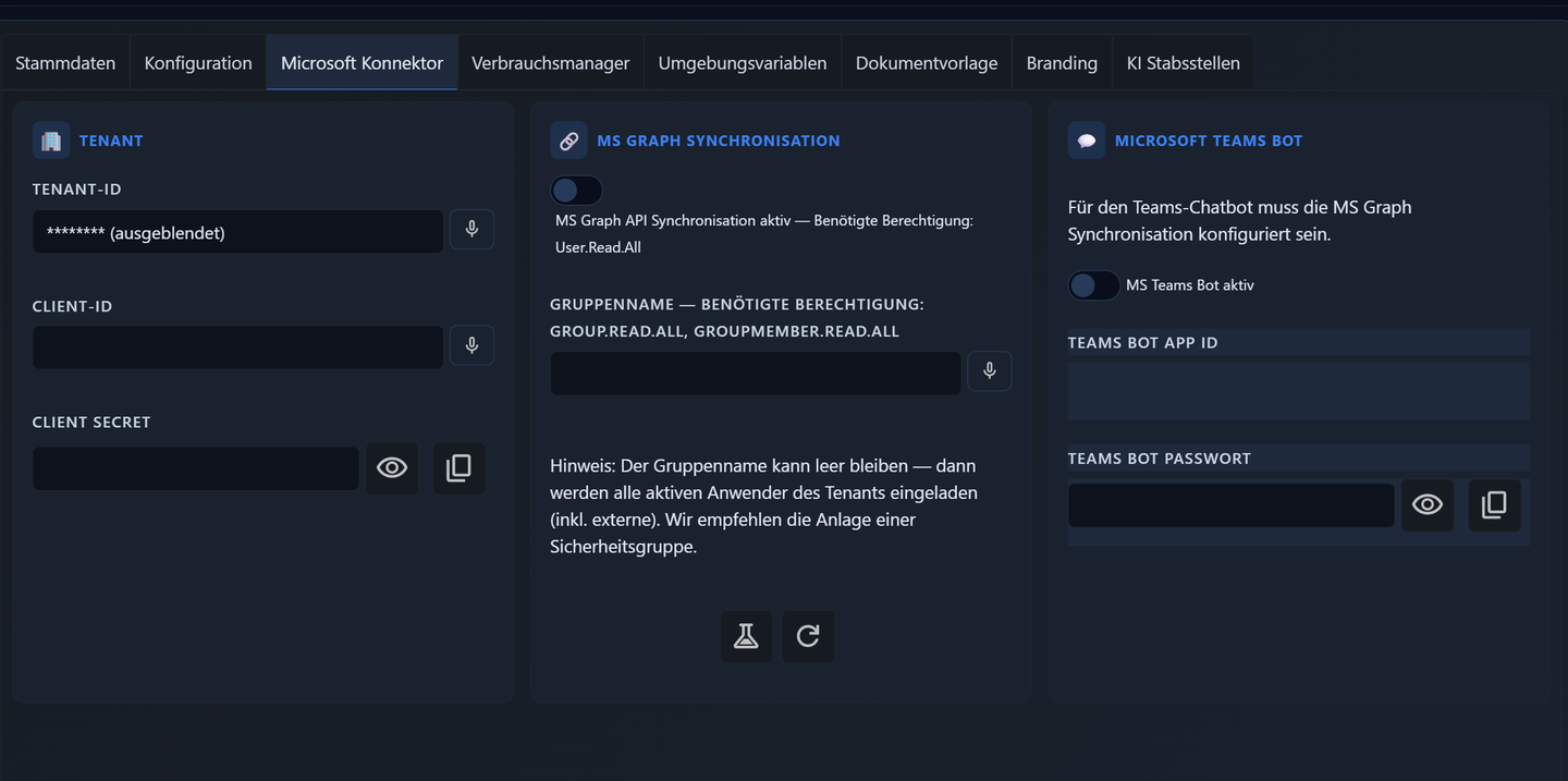 Reiter Microsoft Konnektor einer AuxData-Organisation mit ausgeblendeter Tenant-ID sowie den Bereichen MS-Graph-Synchronisation und Teams-Bot
