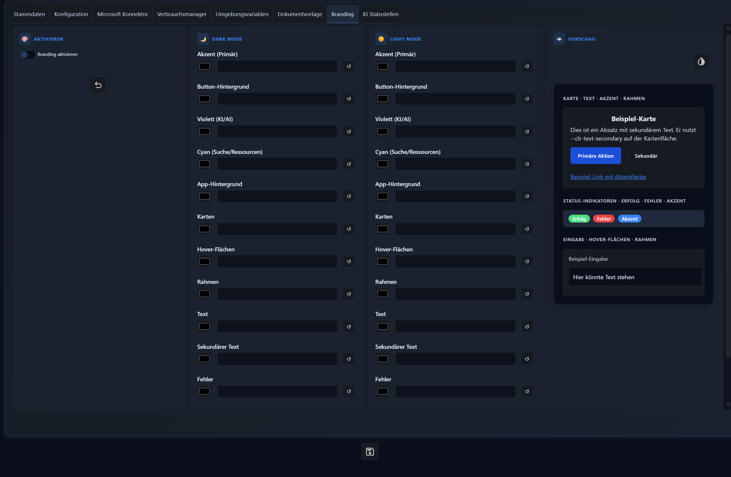 AuxData-Branding-Editor mit je zwölf Farbwerten für dunkles und helles Theme und einer Live-Vorschau