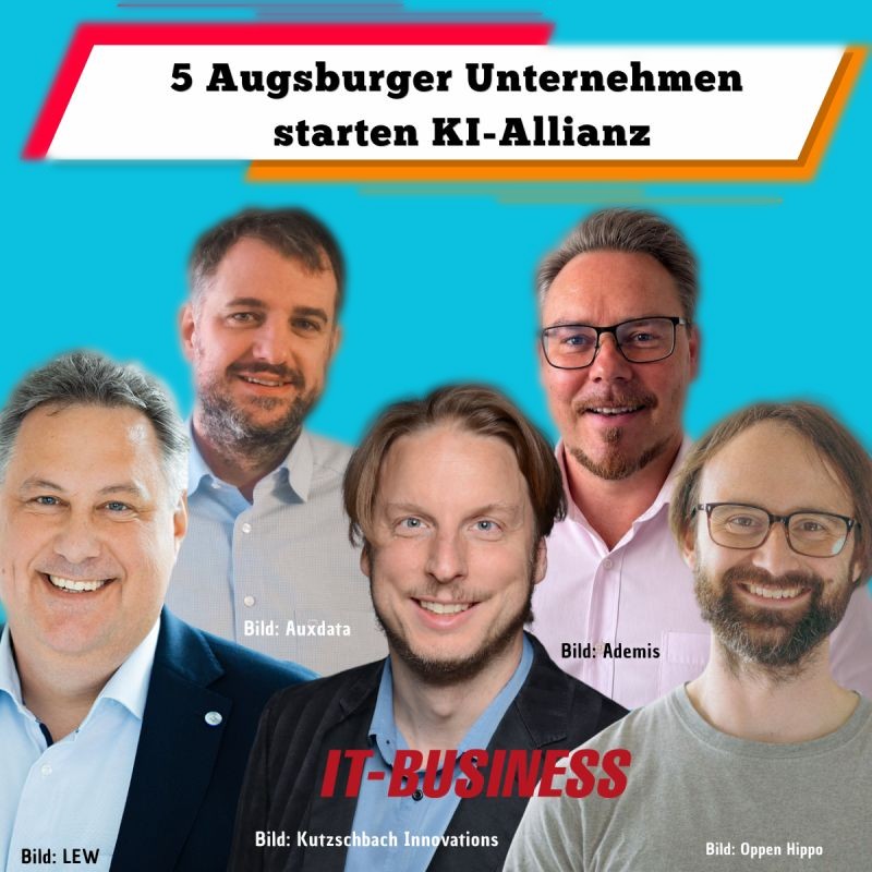Gruppenfoto der KI-Allianz „Wir können KI“ (v.l.): Andreas Faber (Faber Network), Wolfgang Graßhof (AuxData), Florian Ludwig (Kutzschbach Innovations), Michael Anger (Ademis) und Dr. Thomas Fraunholz (Open Hippo) — Bild: IT-BUSINESS