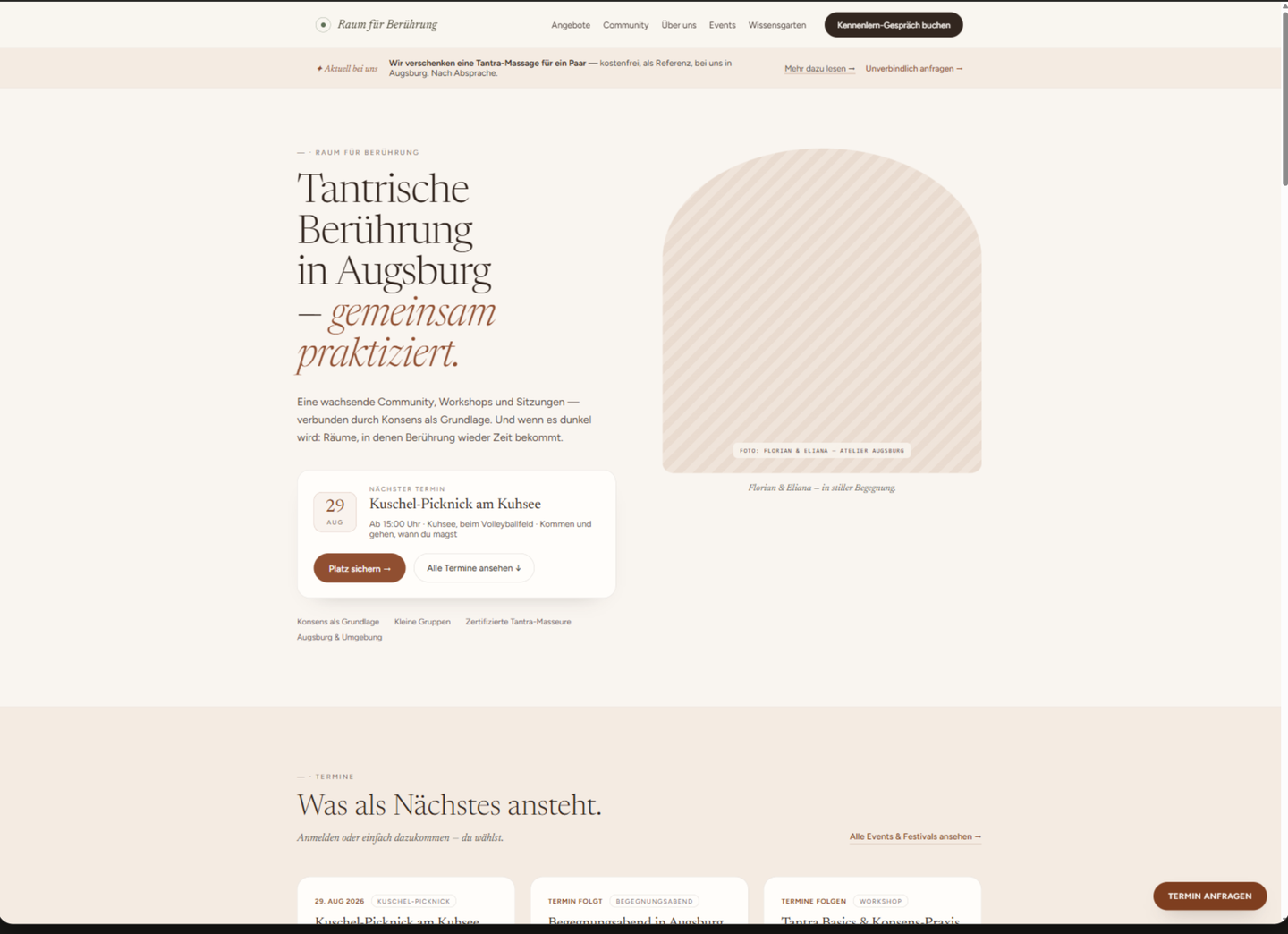 Nachher: der Redesign-Entwurf auf der Claude-Design-Canvas, mit Termin-Karte im Hero