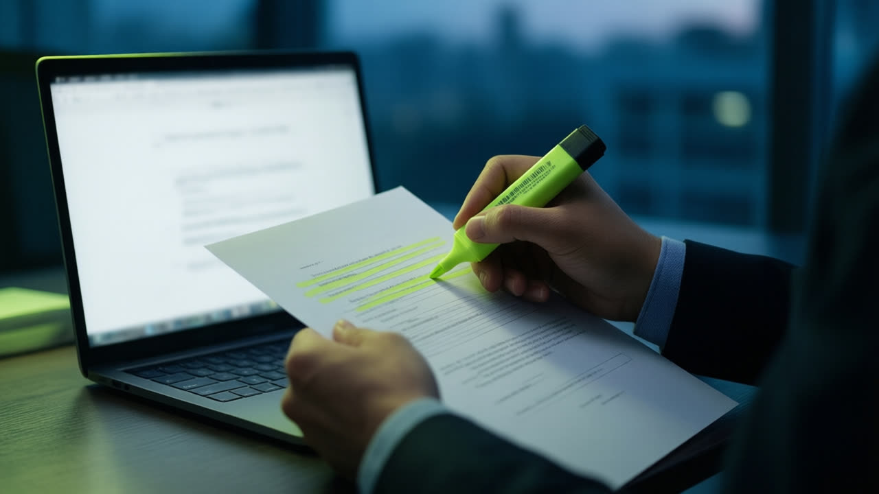 Symbolbild: Hände prüfen ein Dokument mit Textmarker neben einem Laptop