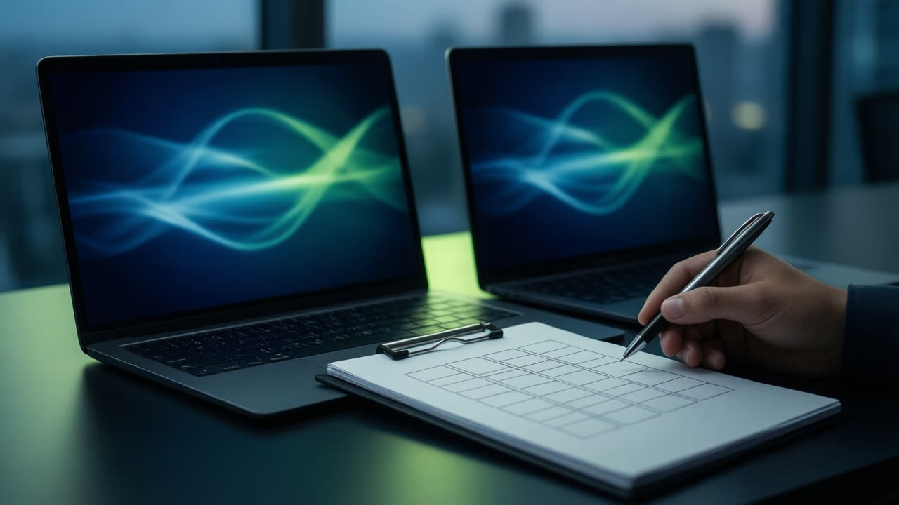 Symbolbild: Zwei Laptops nebeneinander, daneben ein Bewertungsraster