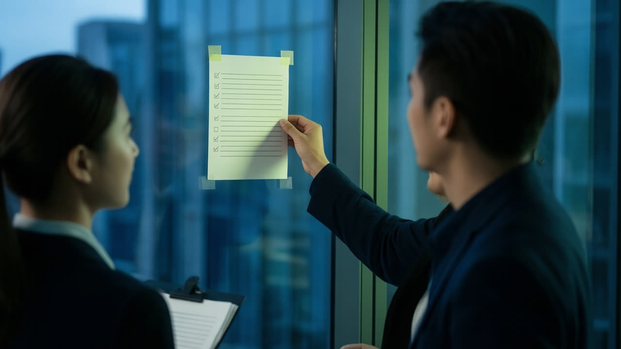 Symbolbild: Zwei Kolleginnen und Kollegen heften eine Checkliste an eine Glaswand