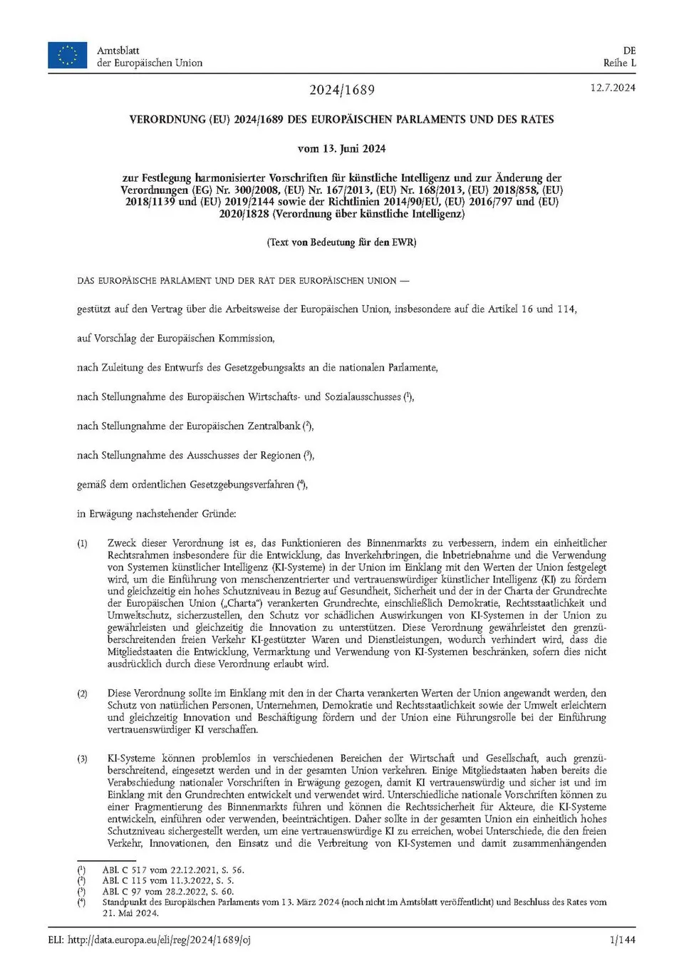 Erste Seite des Amtsblatts der Europäischen Union mit der Verordnung (EU) 2024/1689 über künstliche Intelligenz