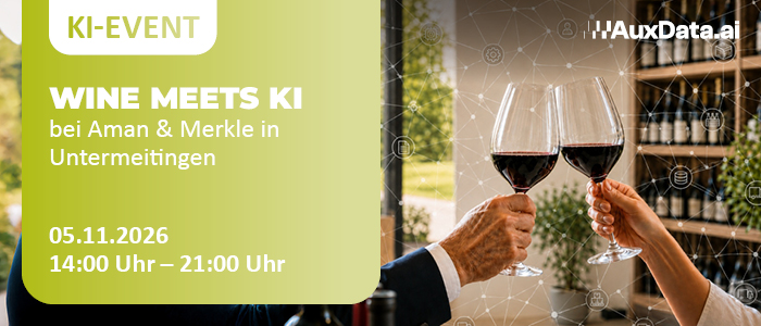 Einladungs-Banner „Wine meets KI“ bei Aman & Merkle in Untermeitingen — 05.11.2026, 14:00 bis 21:00 Uhr, mit AuxData-Logo.
